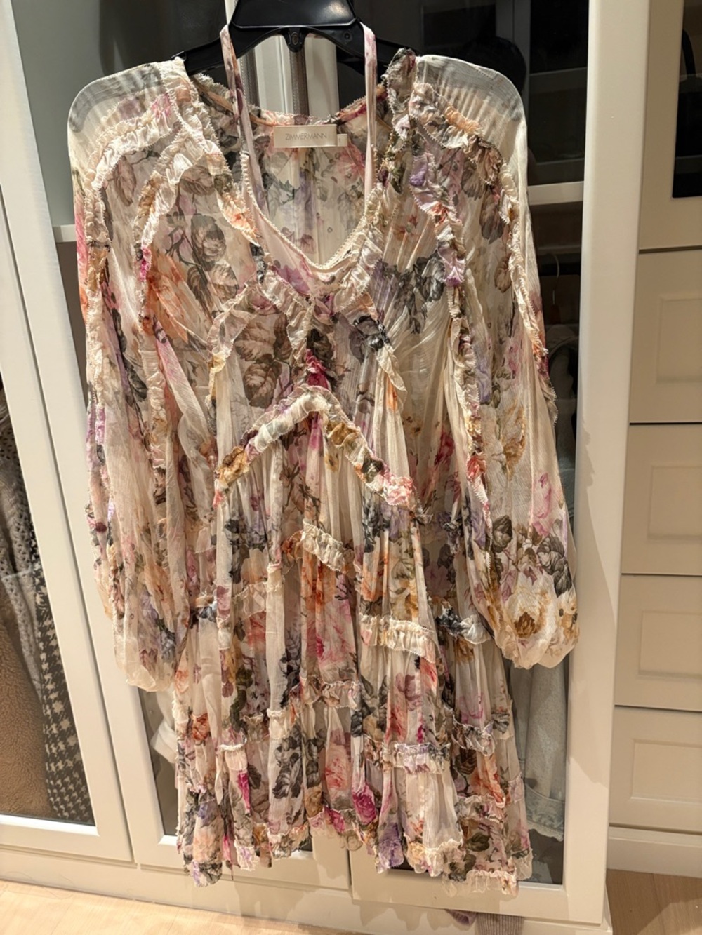 Zimmermann Cream Floral Ruffle Tiered Long-Sleeve Dress